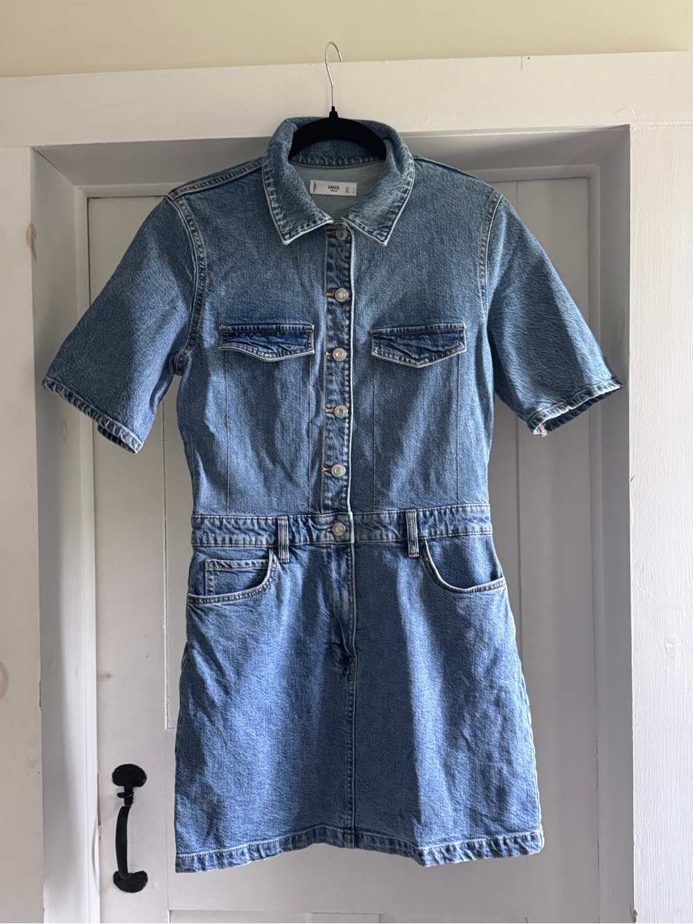 Mango MNG Denim Light Wash Mini Dress Size M Short Sleeve Y2K Button Front